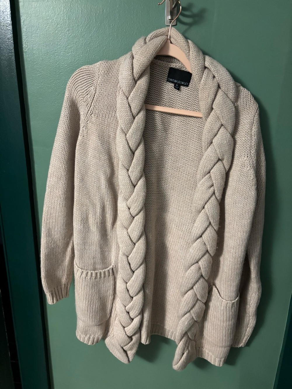 Cynthia Rowley Cream Braided Shawl-Collar Open Cardigan